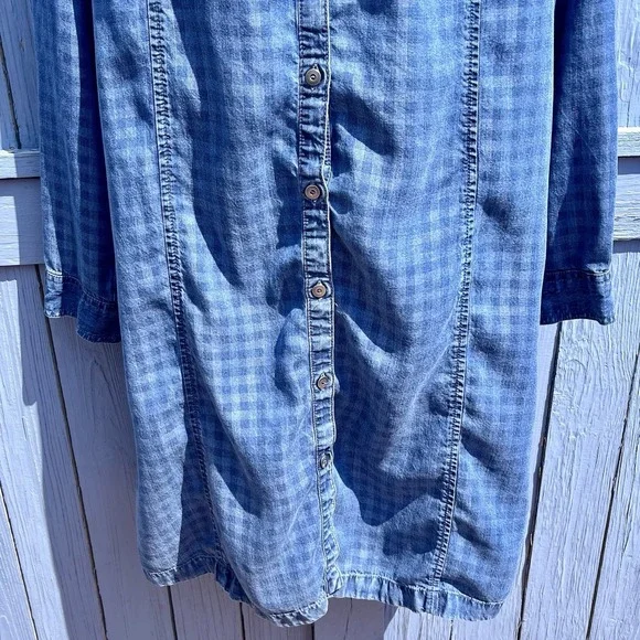 J Jill Blue Denim Check Dress Womens M Plaid Long Sleeve Button Up Distress Boho - Picture 3 of 13